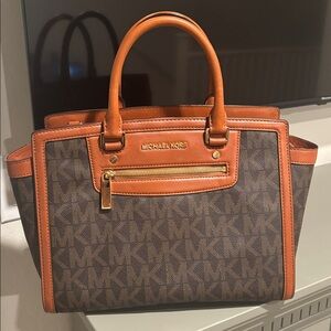 Michael Kors Dark Brown and Tan Monogram Logo Satchel Bag